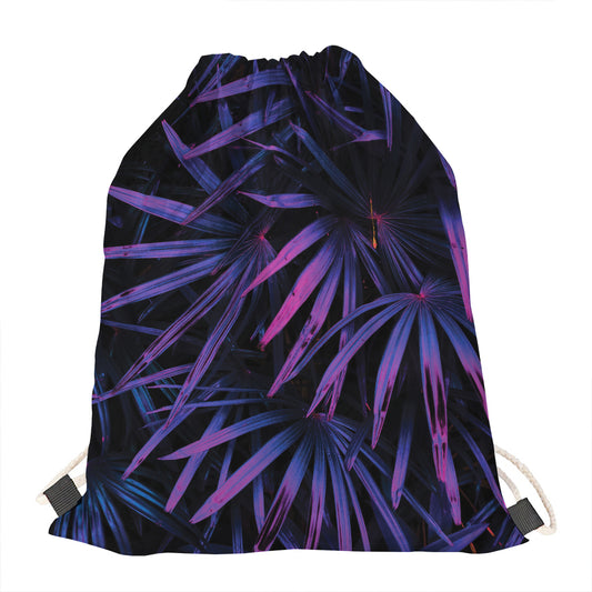 Violet Tropical Leaves Print Drawstring Bag
