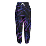 Violet Tropical Leaves Print Fleece Lined Knit Pants