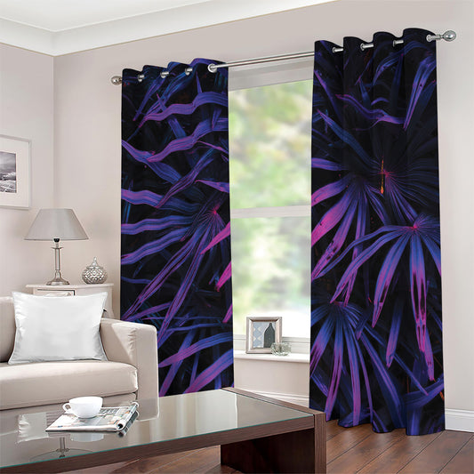 Violet Tropical Leaves Print Grommet Curtains