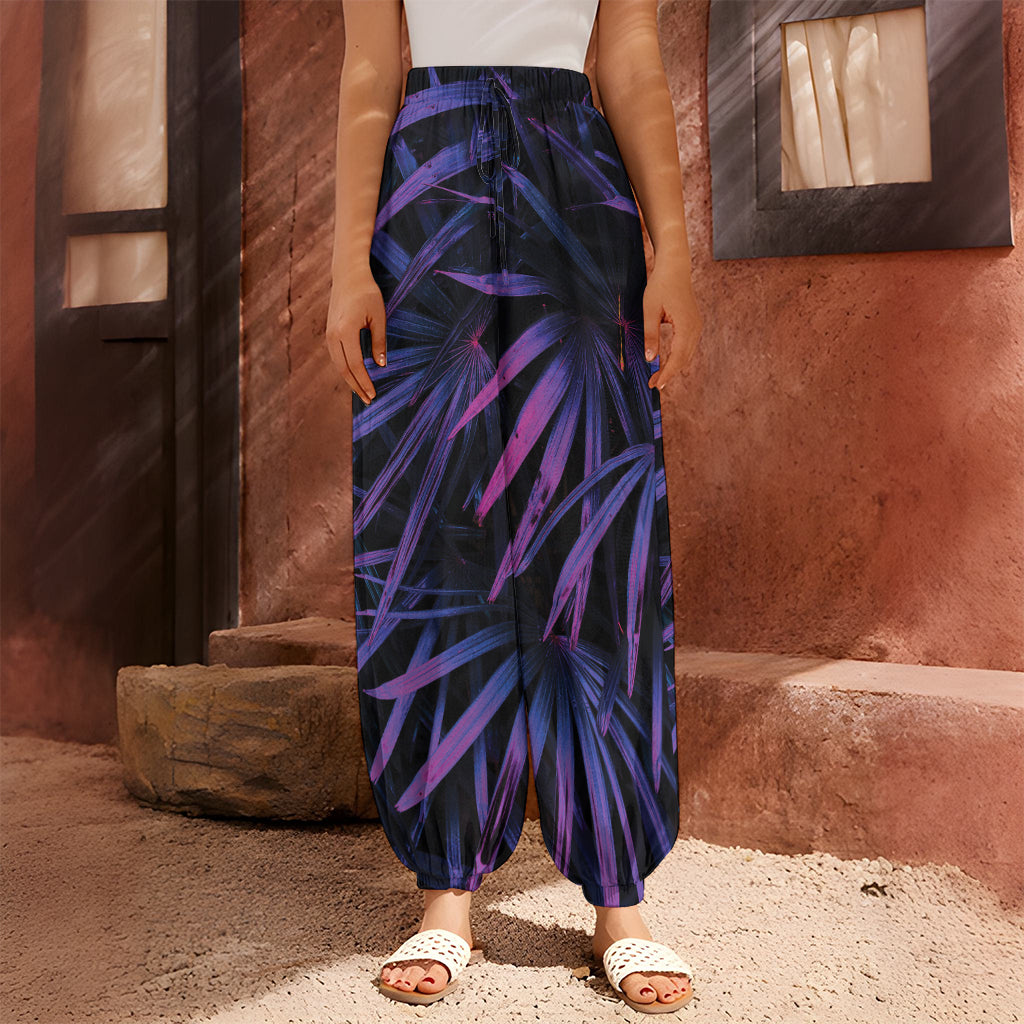 Violet Tropical Leaves Print Harem Pants