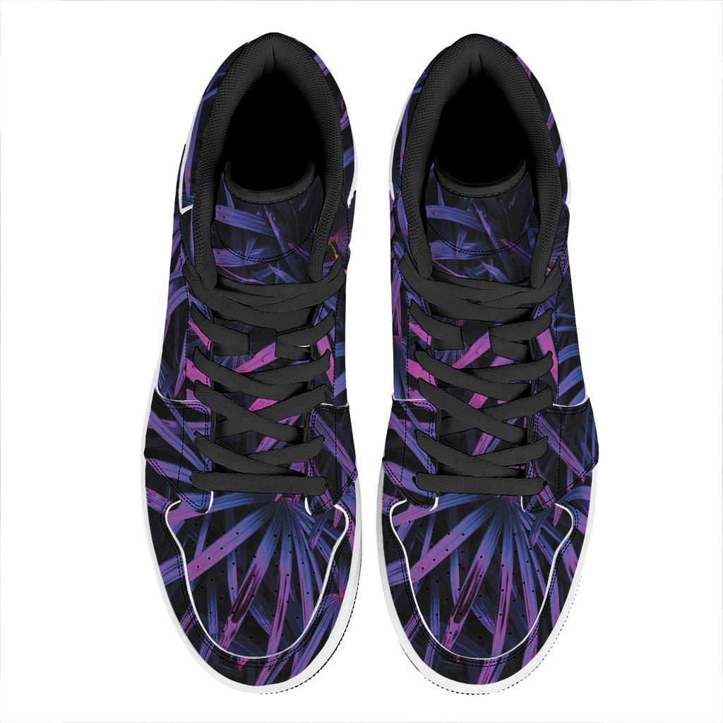 Violet Tropical Leaves Print High Top Leather Sneakers