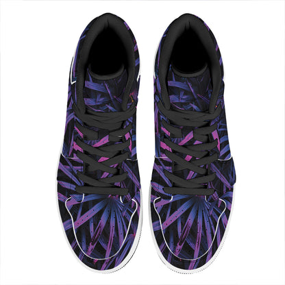 Violet Tropical Leaves Print High Top Leather Sneakers