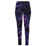 Violet Tropical Leaves Print High-Waisted Pocket Leggings