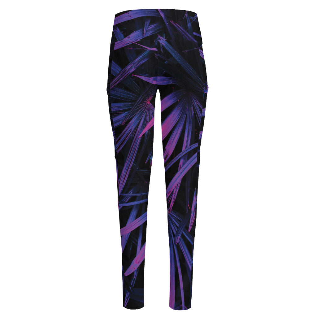Violet Tropical Leaves Print High-Waisted Pocket Leggings