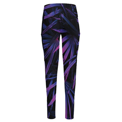 Violet Tropical Leaves Print High-Waisted Pocket Leggings