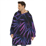 Violet Tropical Leaves Print Hoodie Blanket