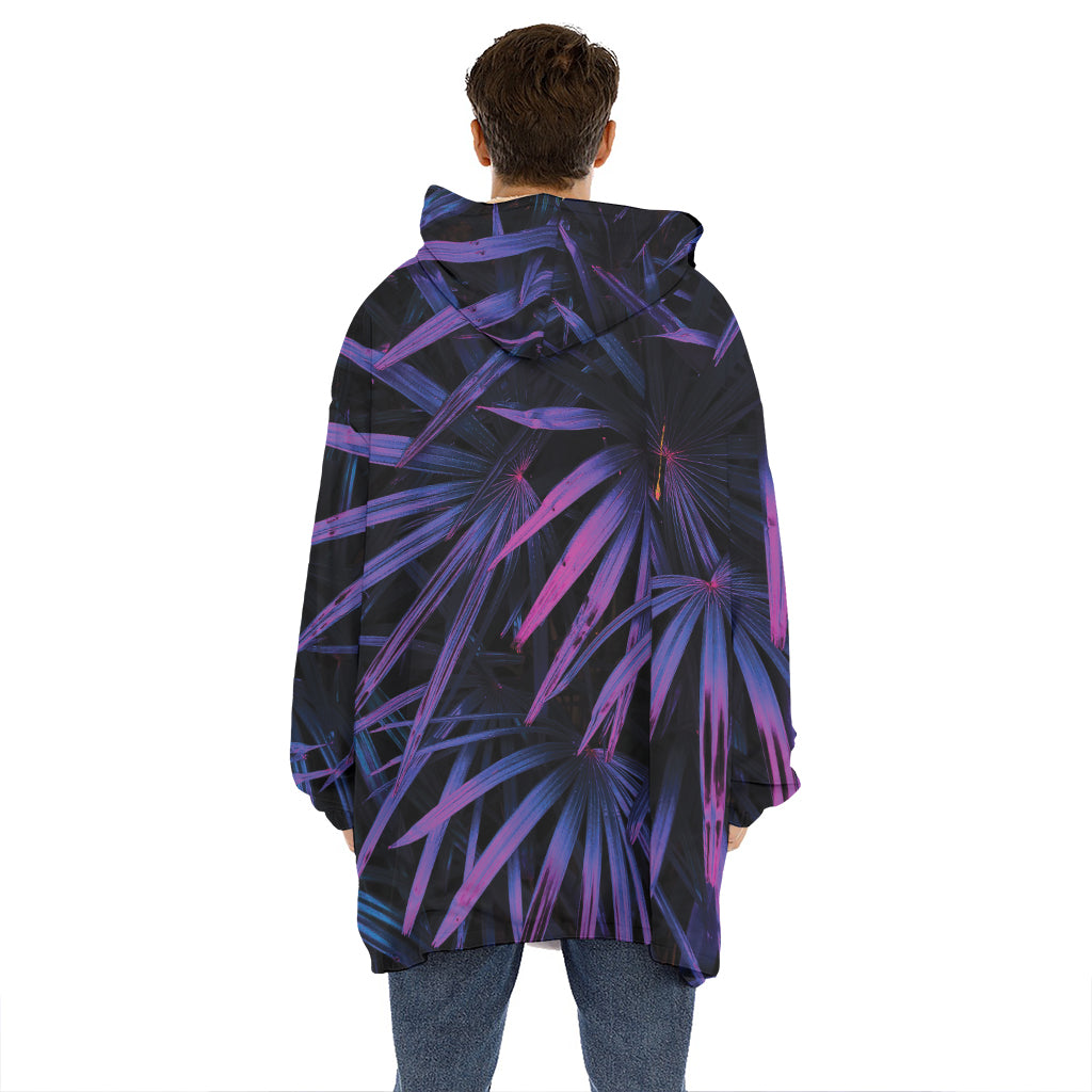 Violet Tropical Leaves Print Hoodie Blanket