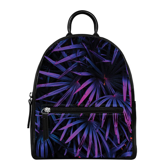 Violet Tropical Leaves Print Leather Backpack