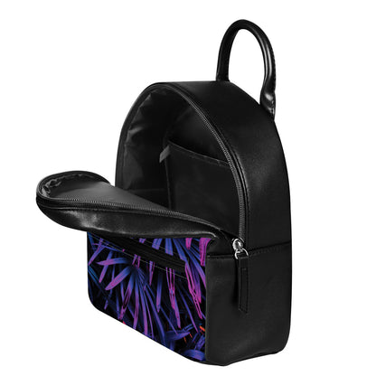 Violet Tropical Leaves Print Leather Backpack