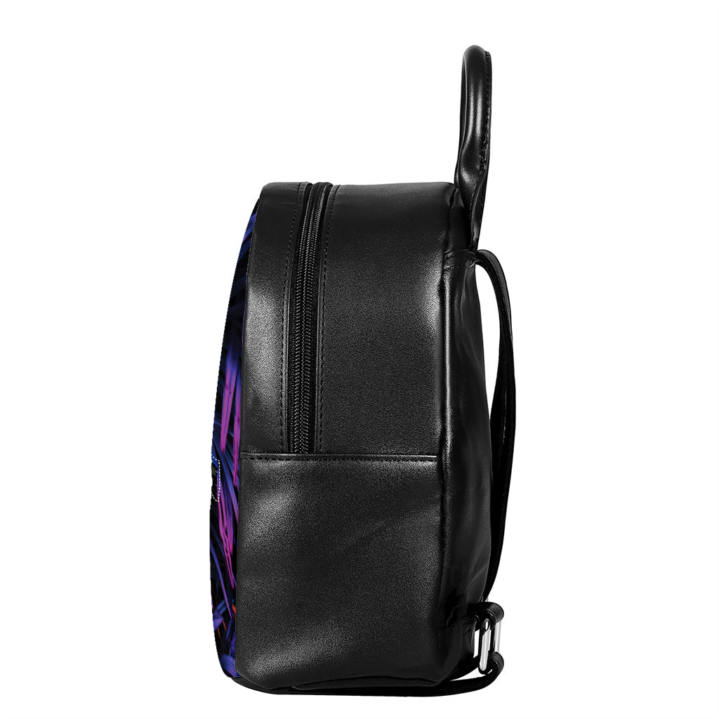 Violet Tropical Leaves Print Leather Backpack
