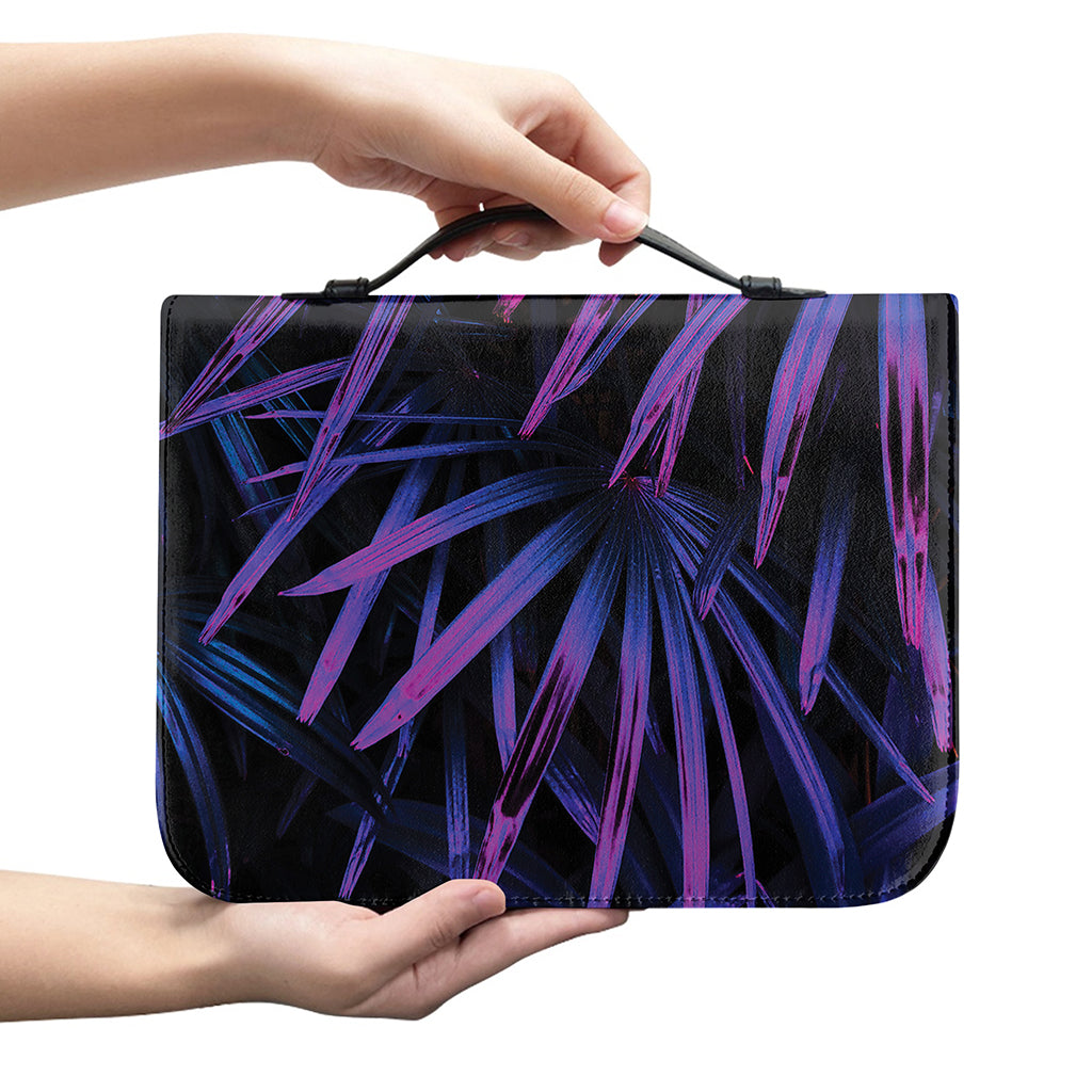 Violet Tropical Leaves Print Leather Bible Cover
