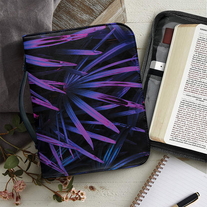 Violet Tropical Leaves Print Leather Bible Cover