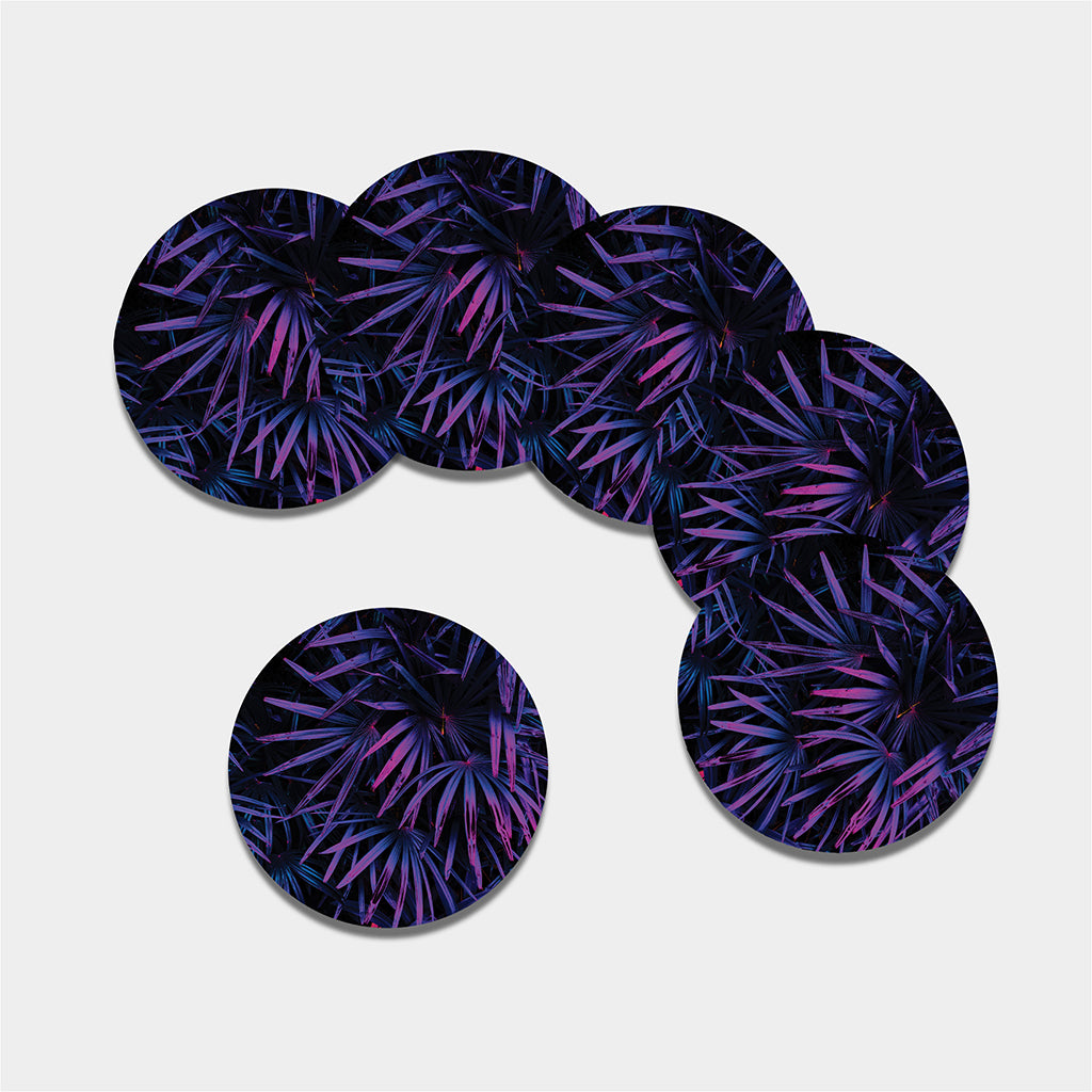 Violet Tropical Leaves Print Leather Coaster Set