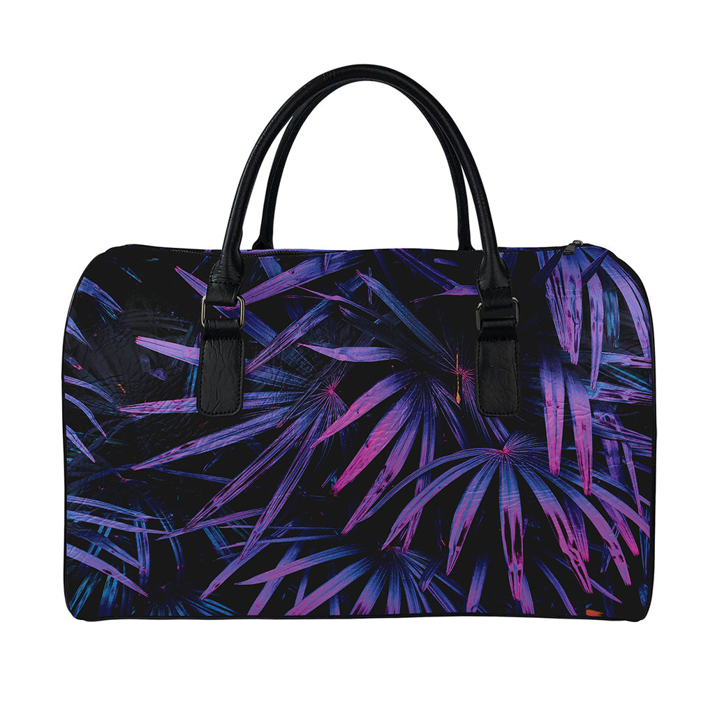 Violet Tropical Leaves Print Leather Duffle Bag