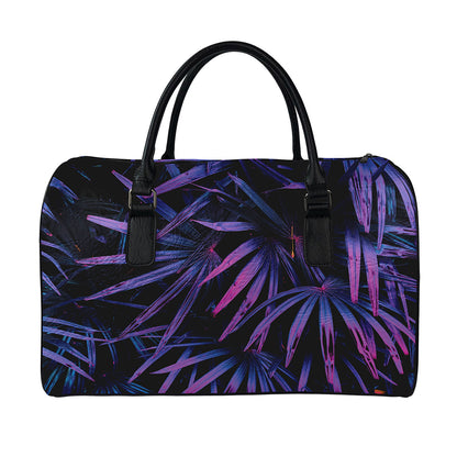 Violet Tropical Leaves Print Leather Duffle Bag