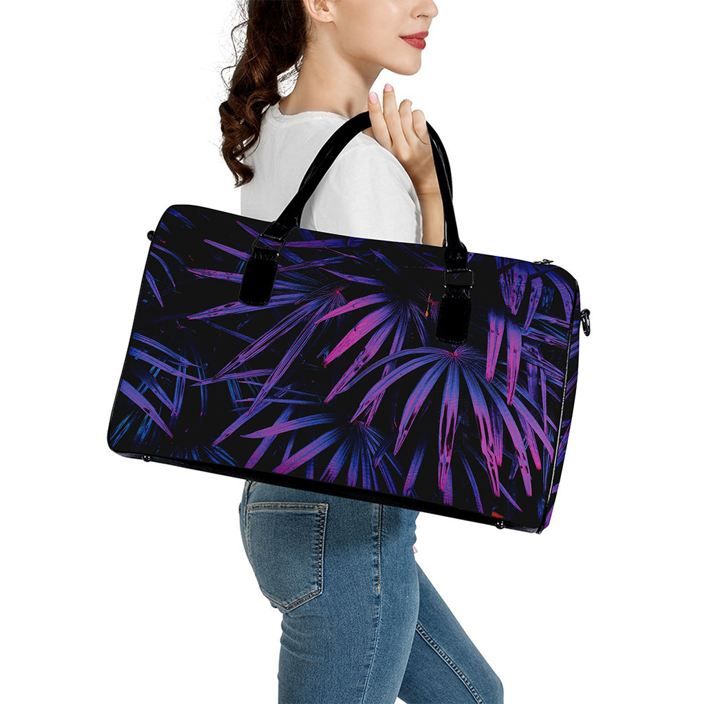 Violet Tropical Leaves Print Leather Duffle Bag