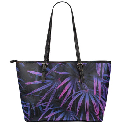 Violet Tropical Leaves Print Leather Tote Bag