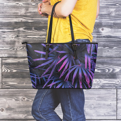 Violet Tropical Leaves Print Leather Tote Bag