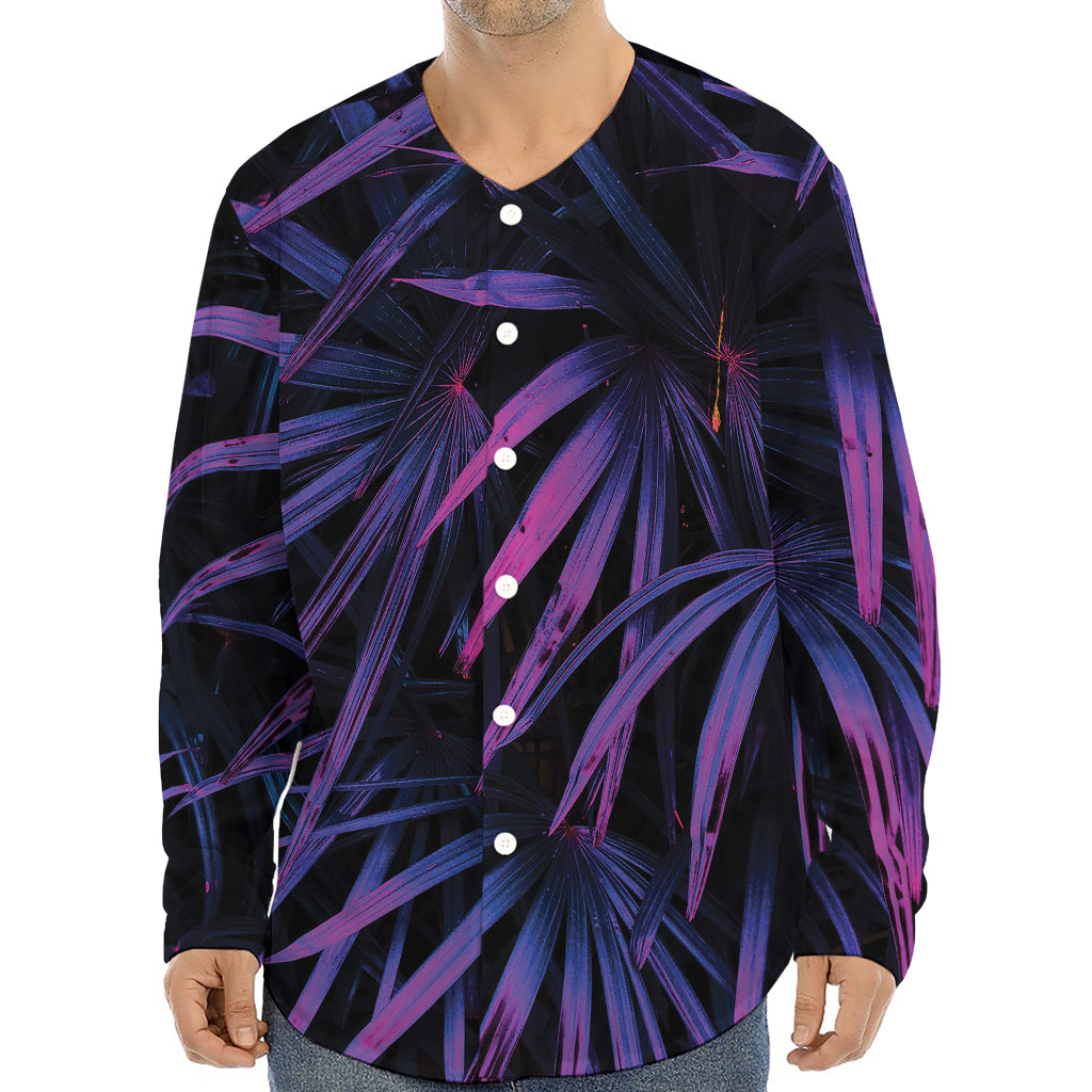 Violet Tropical Leaves Print Long Sleeve Baseball Jersey