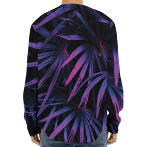 Violet Tropical Leaves Print Long Sleeve Baseball Jersey