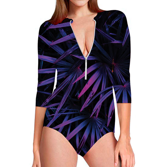 Violet Tropical Leaves Print Long Sleeve Swimsuit
