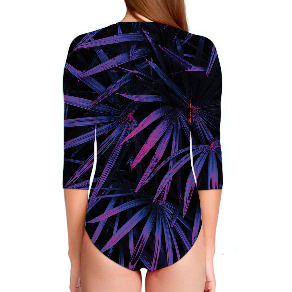Violet Tropical Leaves Print Long Sleeve Swimsuit