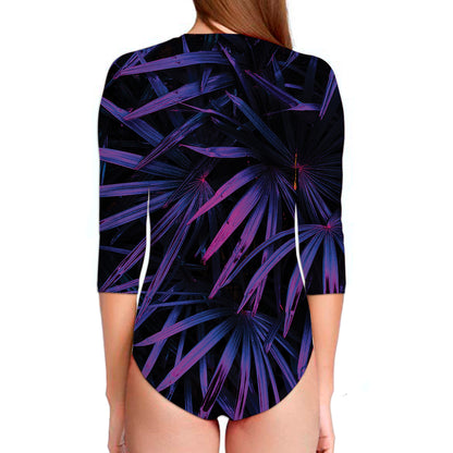Violet Tropical Leaves Print Long Sleeve Swimsuit