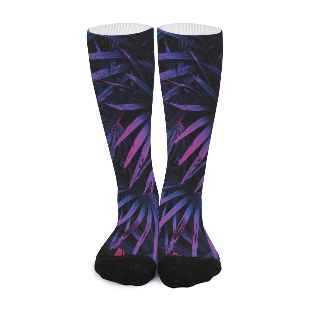 Violet Tropical Leaves Print Long Socks