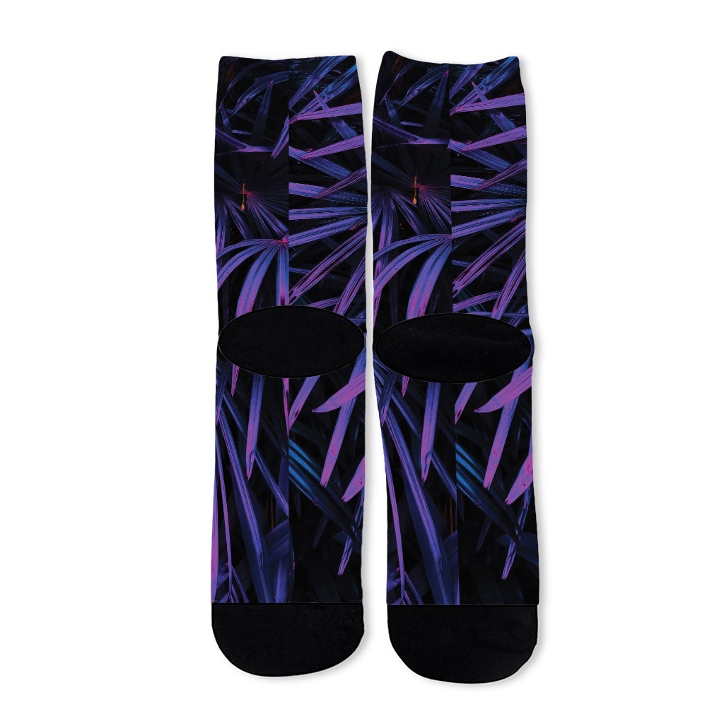 Violet Tropical Leaves Print Long Socks