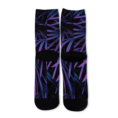 Violet Tropical Leaves Print Long Socks