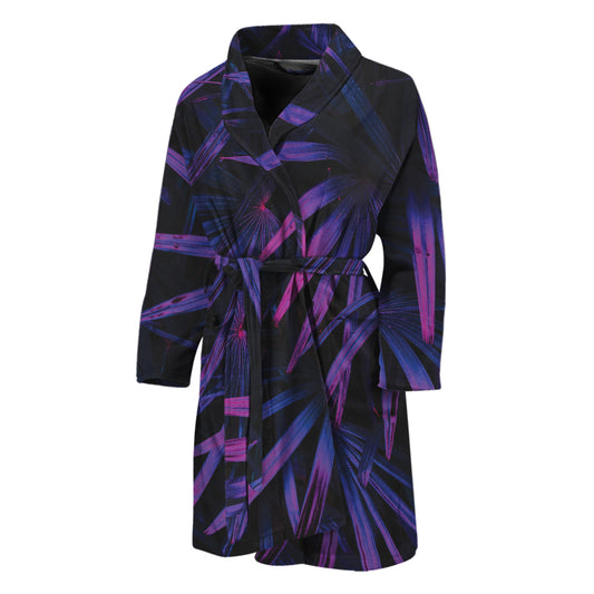 Violet Tropical Leaves Print Men's Bathrobe