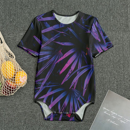 Violet Tropical Leaves Print Men's Bodysuit