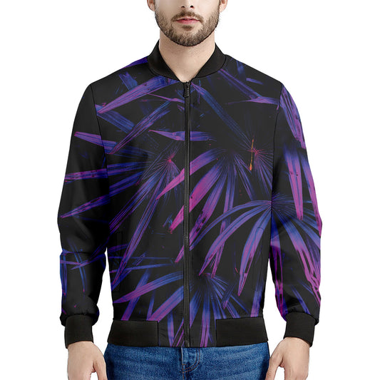 Violet Tropical Leaves Print Men's Bomber Jacket