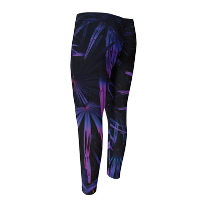 Violet Tropical Leaves Print Men's Compression Pants