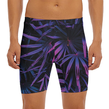 Violet Tropical Leaves Print Men's Long Boxer Briefs