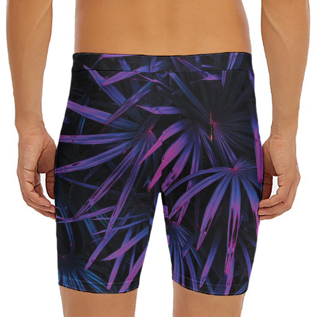 Violet Tropical Leaves Print Men's Long Boxer Briefs
