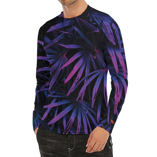 Violet Tropical Leaves Print Men's Long Sleeve Rash Guard