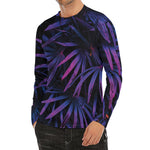 Violet Tropical Leaves Print Men's Long Sleeve Rash Guard