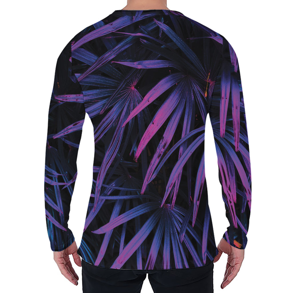Violet Tropical Leaves Print Men's Long Sleeve T-Shirt