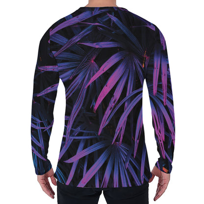 Violet Tropical Leaves Print Men's Long Sleeve T-Shirt