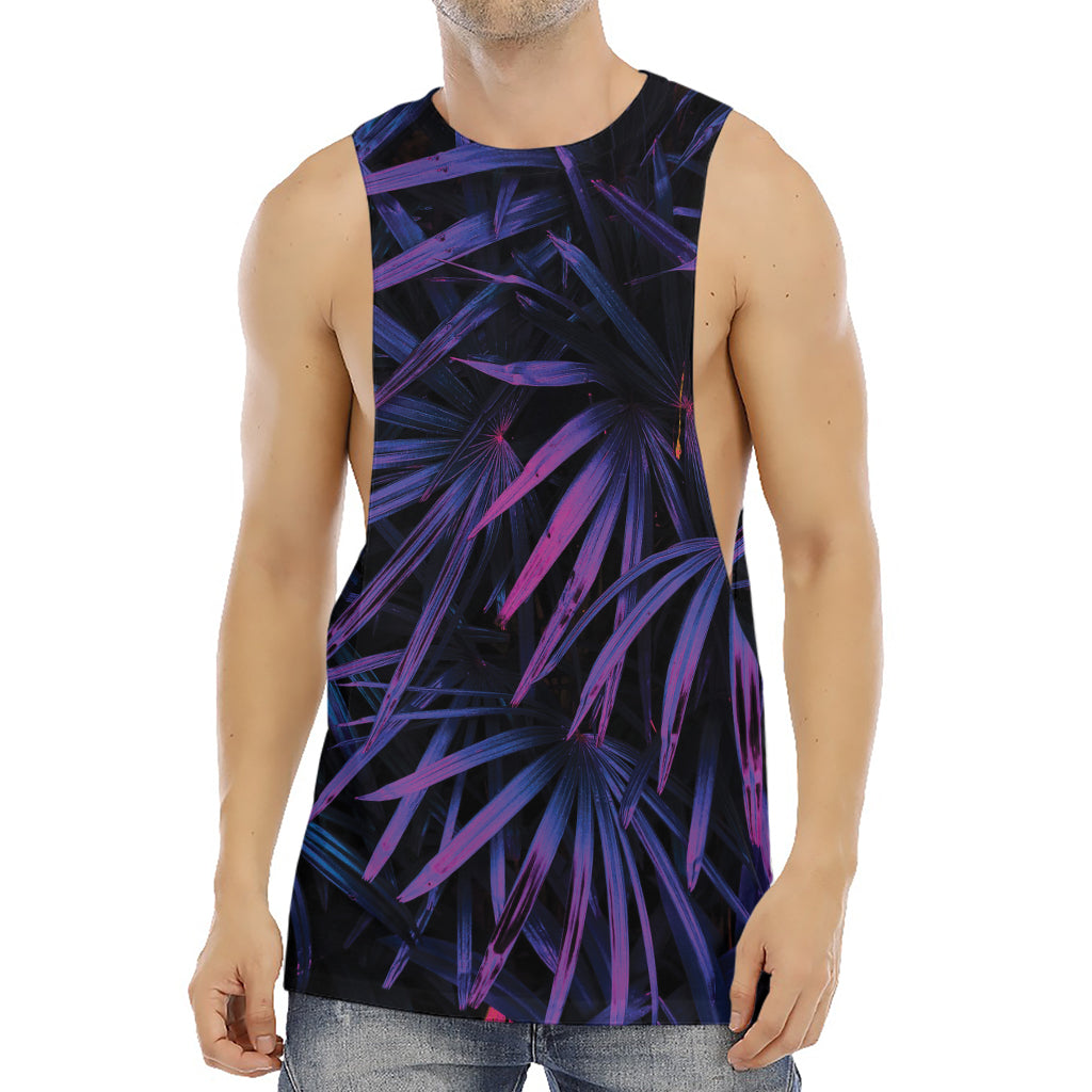 Violet Tropical Leaves Print Men's Muscle Tank Top