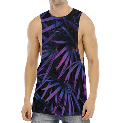 Violet Tropical Leaves Print Men's Muscle Tank Top