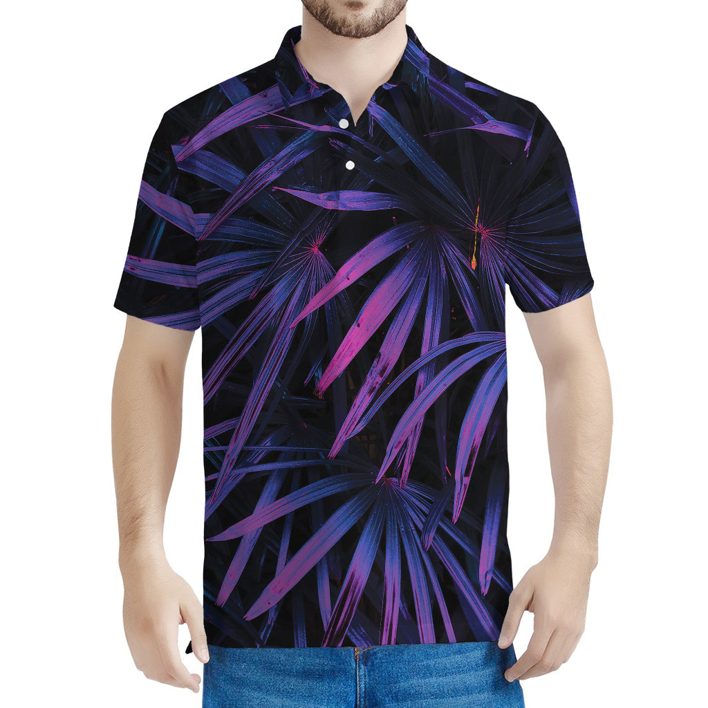 Violet Tropical Leaves Print Men's Polo Shirt