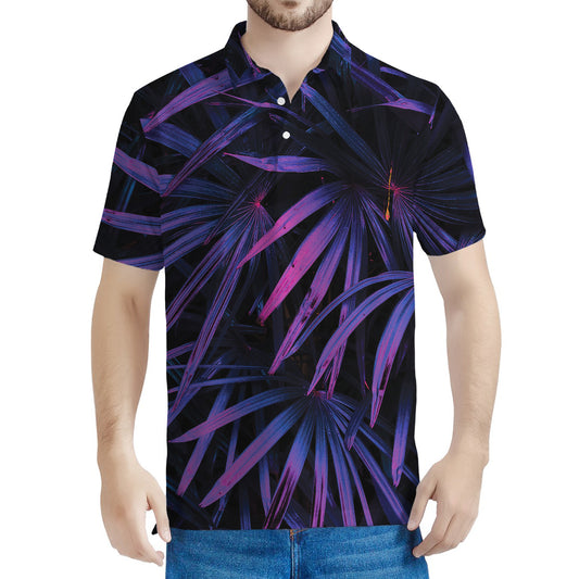 Violet Tropical Leaves Print Men's Polo Shirt