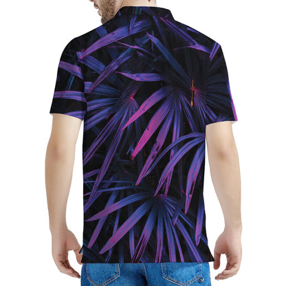 Violet Tropical Leaves Print Men's Polo Shirt