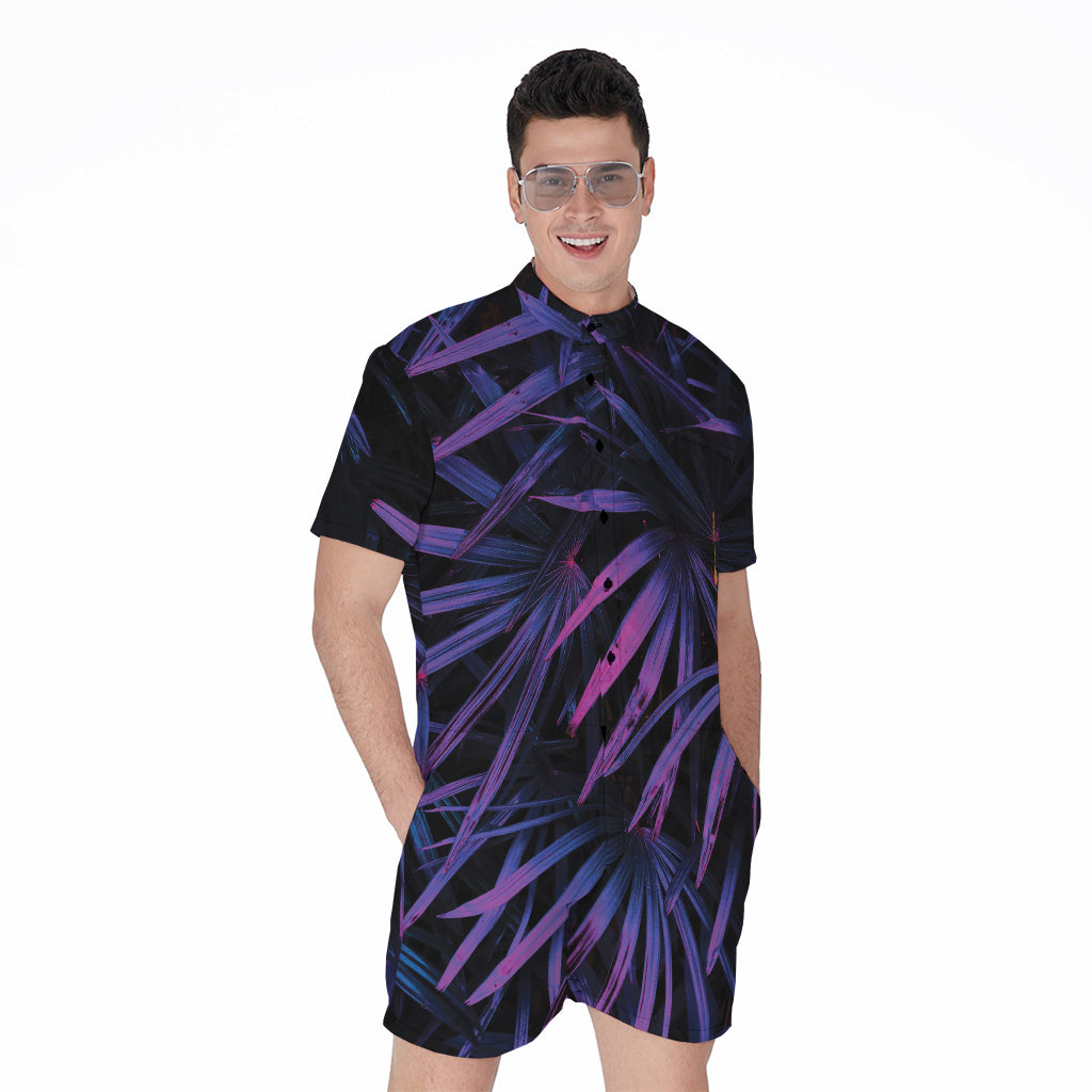 Violet Tropical Leaves Print Men's Rompers