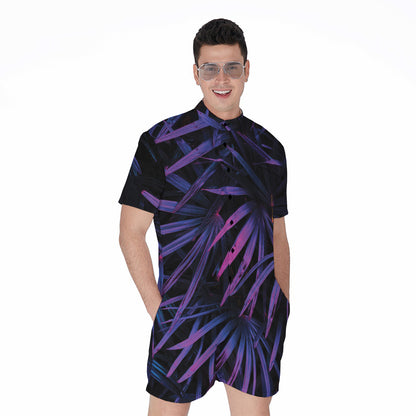 Violet Tropical Leaves Print Men's Rompers