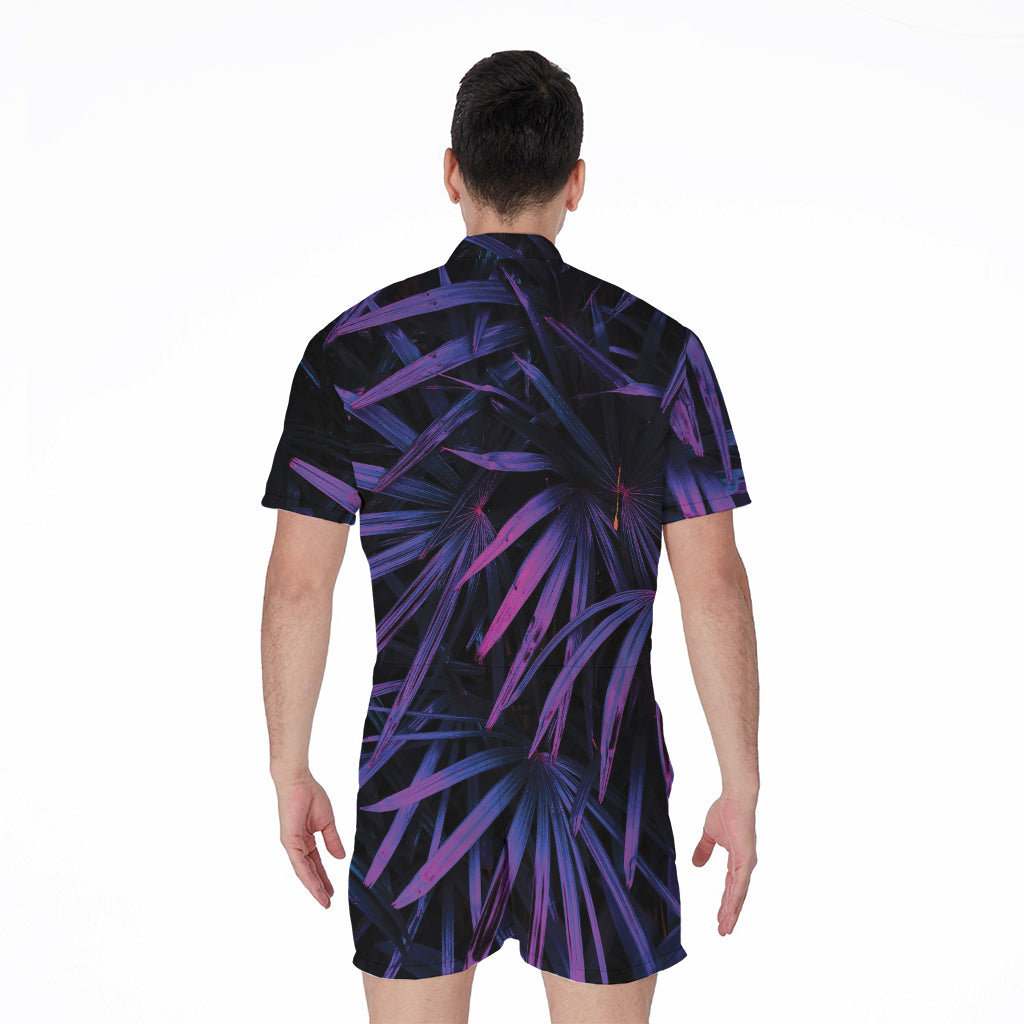 Violet Tropical Leaves Print Men's Rompers