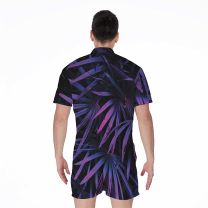 Violet Tropical Leaves Print Men's Rompers