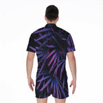 Violet Tropical Leaves Print Men's Rompers